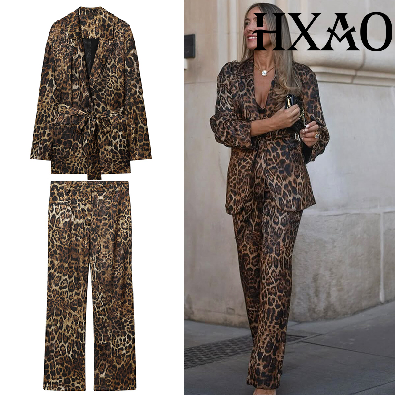 Winter Clothing Vintage - HXAO 레오파드 팬츠 세트 2피스 세트