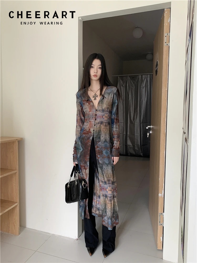 CHEERART 여성용 빈티지 유화 메쉬 X-롱 셔츠, - Winter Clothing Vintage 리뷰 및 가격